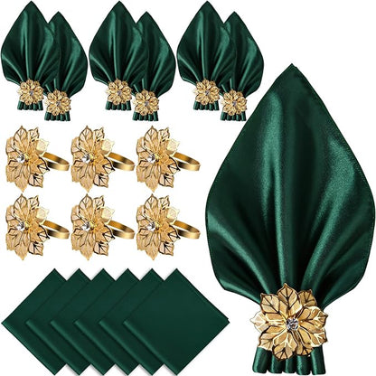 12 Pack Gold Napkin Rings and Cloth Napkins Set of 6, 17x17 Satin Cocktail by CROWNGUIDE