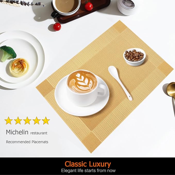 Gold Vinyl Placemats Set of 8, Heat Resistant Table Placemats | 18x12 inch - Image 2
