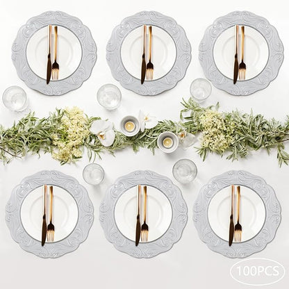 Charger Plates, 100pcs Silver 13inch Plastic Dinner Plate, Round Plastic Dinner Plate with Delicate Texture for Parties Wedding (Silver)