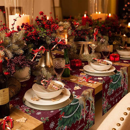 Christmas Reindeer Table Runners 108 Inches Long, Cotton Linen Fabric Red Table - Image 2