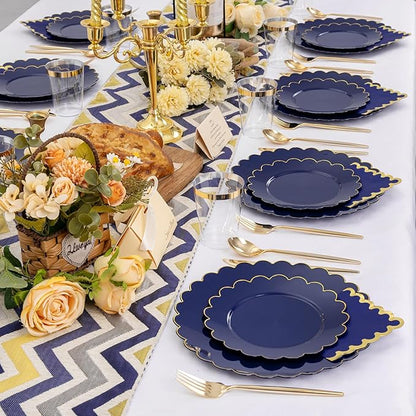 LIYH 210 Pcs Navy Blue Plates - Blue and Gold Plastic Scalloped Heavyduty Plates Disposable Dinnerware set, Gold Plastic Silverware for Wedding & Party 30 Guests