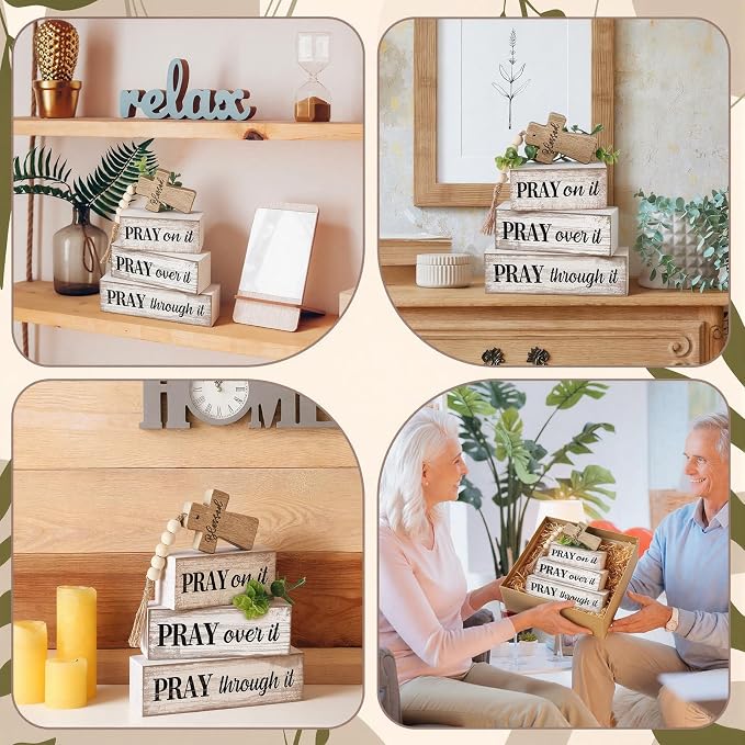 Moucuny 4 Pcs Christian Table Decor Wooden Cross Wooden Bible Verse Sign - Image 5