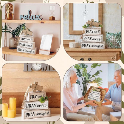 Moucuny 4 Pcs Christian Table Decor Wooden Cross Wooden Bible Verse Sign - Image 5