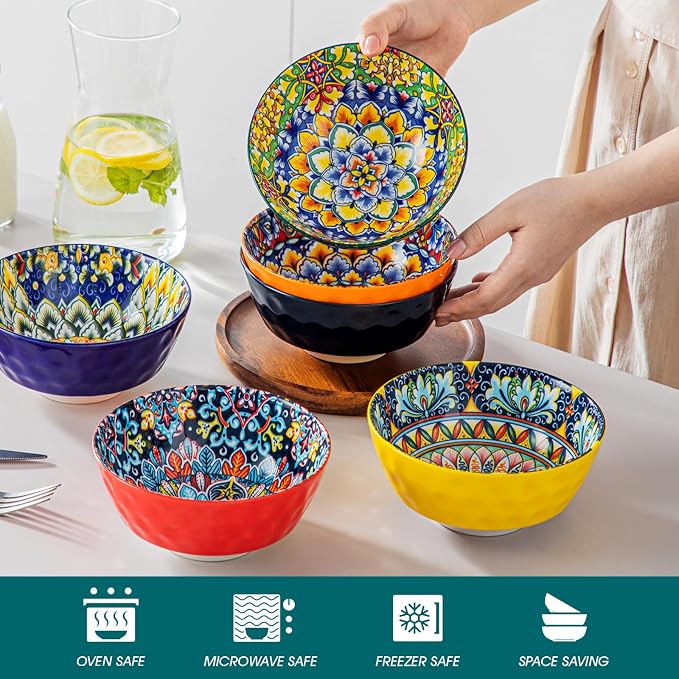 vancasso 26 Oz Ceramic Cereal Bowls Set of 6, Bohemian Soup Salad Bowls | - Image 4