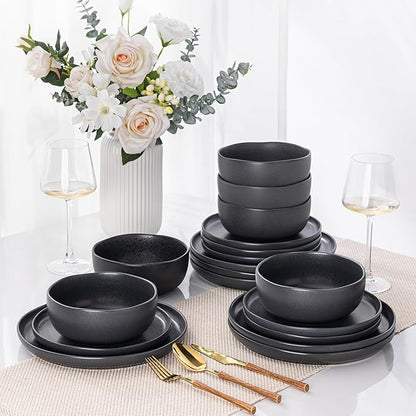 AmorArc Ceramic Dinnerware Sets, Wavy Rim Stoneware Plates and Bowls Sets,Dishwasher & Microwave & Oven Safe Dishes set, Service for 6 (18pc)-Charcoal Matte
