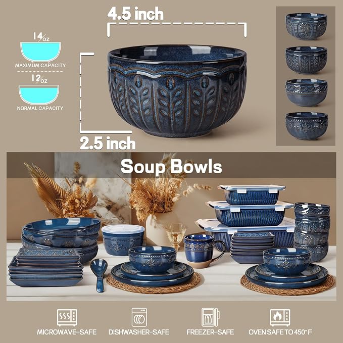 Small Bowls Set of 4, 12 oz Ceramic Embossment Dessert Bowls, Bowl - Image 2