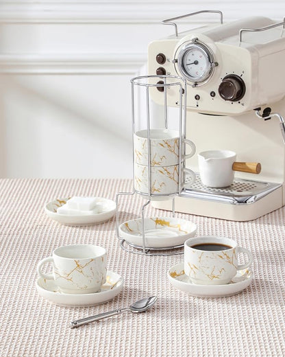 MALACASA 4 OZ Porcelain Espresso Cups with Saucers and Metal Stand Set of 4, Stackable Cappuccino Cups, Marble White Expresso Shots Cup Set for Coffee Drinks, Latte, Tea