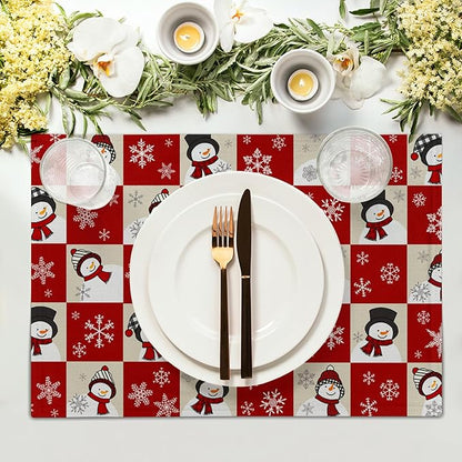 Winter Placemats Set of 4 - Cute Snowflake Snowman Place Mats 12x18 Table Mats Red Beige Buffalo Plaid Kitchen Mats for Party Dining Table