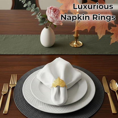 CLEENTABLE Elegant Handcrafted Leaf Napkin Rings - Set of 12 Premium Aluminum Holders for Dinner Parties, Weddings, Special Occasions & Everyday Dining (Gold)