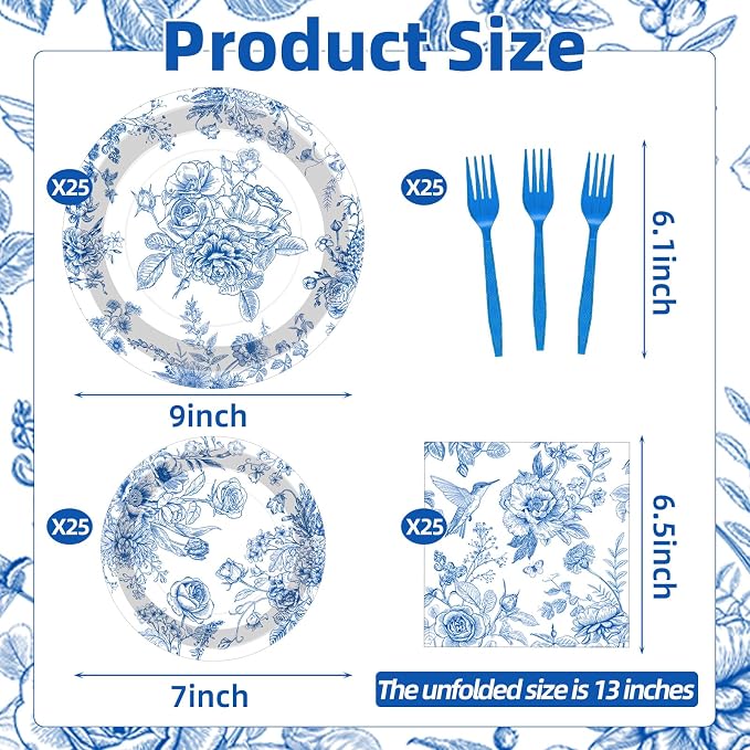 100 Pcs Blue and White Floral Tableware Party Supplies Set, Serves 25 – - Image 2