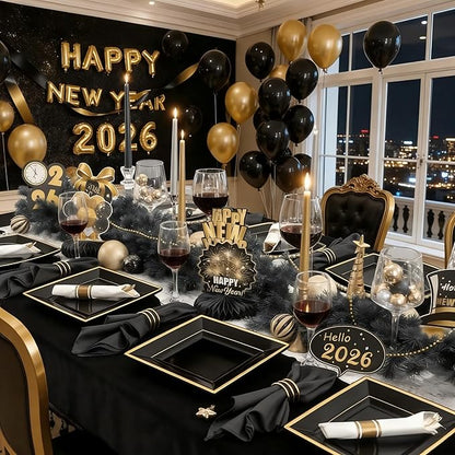 Liacere 100PCS Black and Gold Square Plastic Plates-50PCS Dinner Plate and 50PCS Dessert Plate-Durable Fancy Disposable Plates for Party & New Year & Martin Luther King Jr. Day