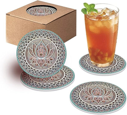 Mandala Coasters for Drinks,Doawbang Absorbent Ceramic Stone Coasters Set of 4 Cork Base Marble Art Cups Table Mats for Home Decor (Green)
