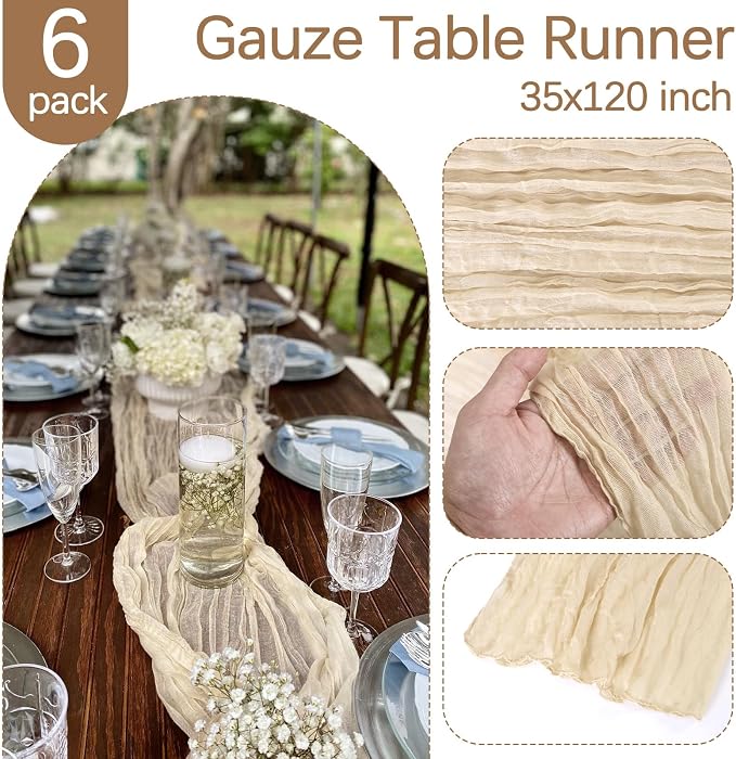 6 Pack Beige Cheesecloth Table Runner 35 x 120 Inch | Boho Gauze Fabric - Image 5