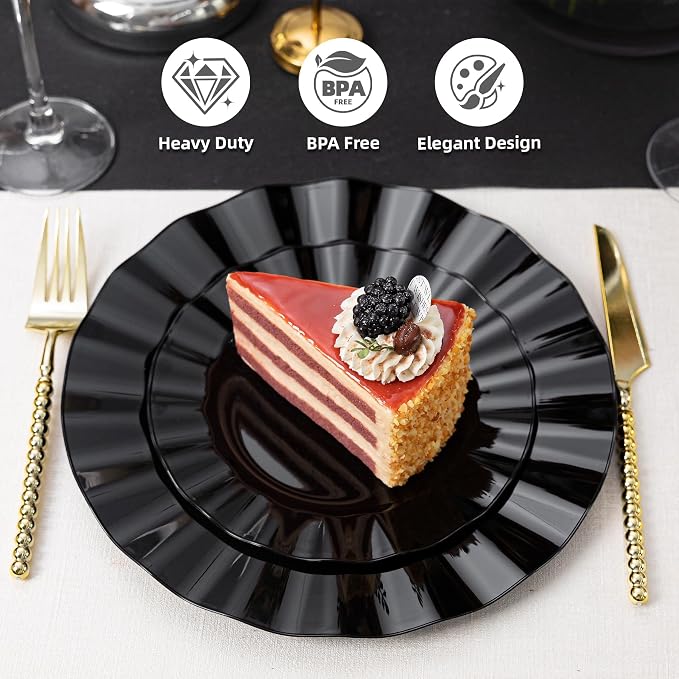 120PCS Black Plastic Plates, Wavy Plates | Heavy Duty Disposable Party Plates - Image 2