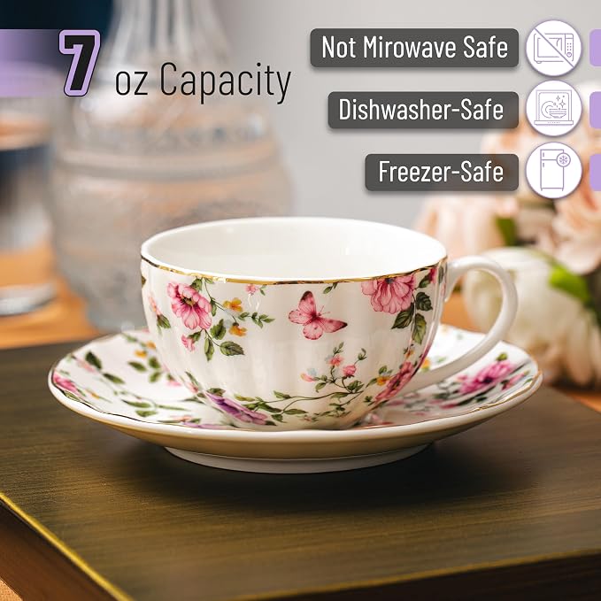 BTaT- Floral Tea Cups and Saucers Set of 6, Porcelain Tea Cups Set of 6 - Image 3