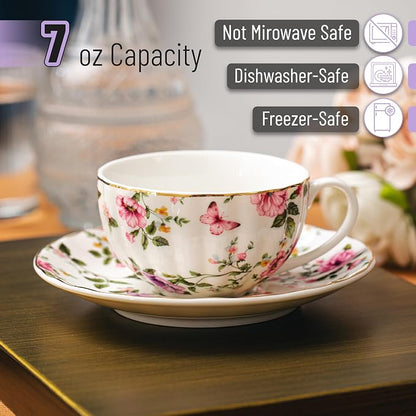 BTaT- Floral Tea Cups and Saucers Set of 6, Porcelain Tea Cups Set of 6 - Image 3