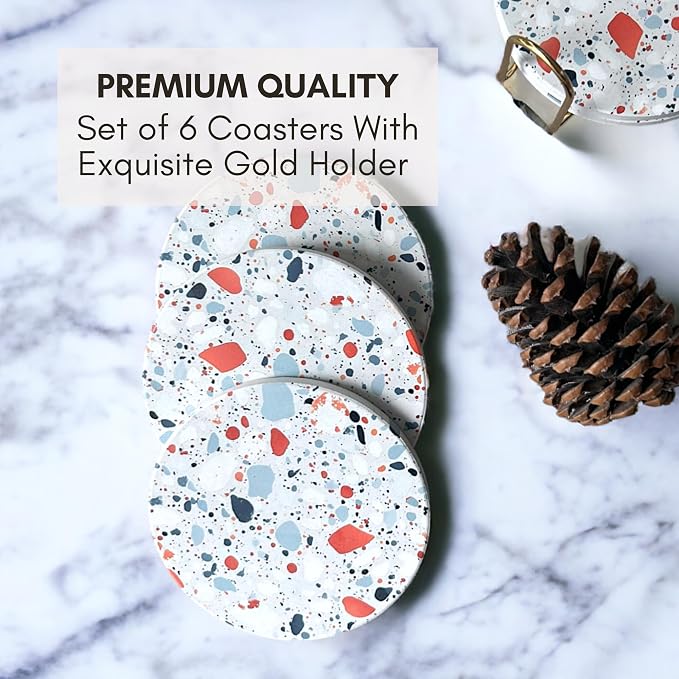Terrazzo Coasters Set of 6, Colorful Boho Absorbent Ceramic Coasters | Speckled - Image 3