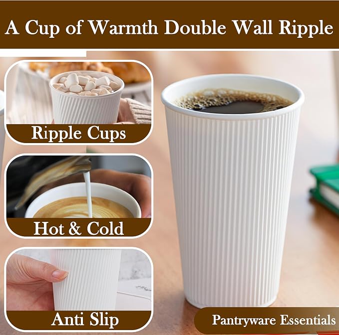 12oz Double Wall Ripple White Paper Coffee Cups- Pack of 50ct - Image 3