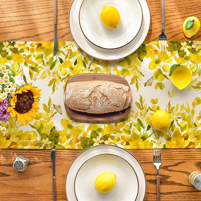 Artoid Mode Yellow Flowers Floral Eucalyptus Summer Table Runner, Seasonal - Image 3