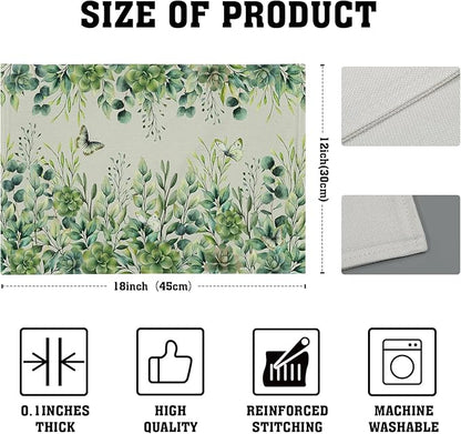 Giwawa 4PCs Spring Summer Leaf Placemats 12x18 Inch Sage Green Eucalyptus Leaves Butterflies Linen Washable Place Mat Stain Resistant Table Mats for Kitchen Dining Seasonal Decor