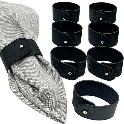 Luxury Leather Napkin Rings Set of 8, Black, Morgan Faux Style, Modern Cuff Design for Wedding Party Decorations, Kitchen, Holiday Table,Rust Proof,Hotel, Home, Table Accessories, Dining