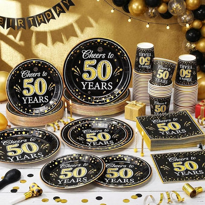 Pickmesh 250 Pcs 50th Birthday Disposable Tableware Set Black and Gold Cheers to 50 Years Disposable Paper Plates Napkins and Cups for 50th Birthday Wedding Anniversary Supplies Decorations