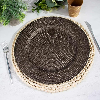 Efavormart 6 Pack | 13" Natural Brown Acrylic Plastic Rattan-Like Charger Plates - Image 4