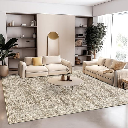 12x15 Washable Area Rug Brown Neutral Abstract Living Room Large Carpet Non Slip Bedroom Indoor Office Dining Room Low Pile Thin Rug