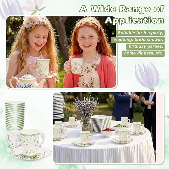 FillTouch 48 Sets Wildflower Floral Paper Tea Cups and Saucers Disposable Paper - Image 7