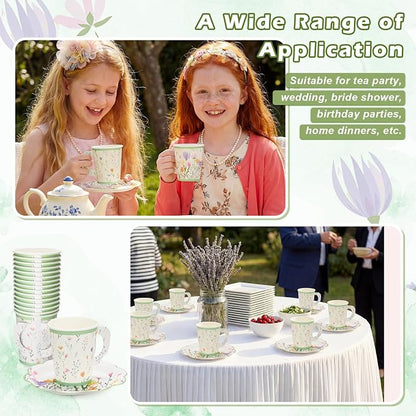 FillTouch 48 Sets Wildflower Floral Paper Tea Cups and Saucers Disposable Paper - Image 7