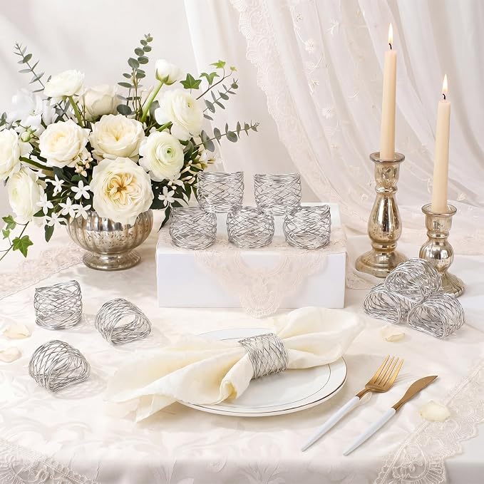 LemonRoad 12 Pcs Silver Twisted Wire Mesh Napkin Rings Metal Napkin Holders - Image 5