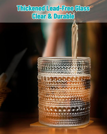 Vintage Dot-Pattern Drinking Glasses Set of 4 – 14.5 oz Clear Short Glass Cups – Embossed Textured Glassware with Anti-Slip Grip, Water Juice Soda Cocktail Tumblers – Thick Glass, Dishwasher Safe