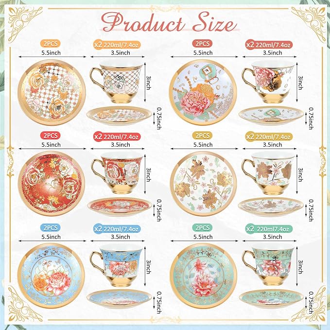 Teenyyou Set of 12 Tea Cups and Saucers Tea Party Decorations Floral Porcelain - Image 2