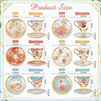 Teenyyou Set of 12 Tea Cups and Saucers Tea Party Decorations Floral Porcelain - Image 2