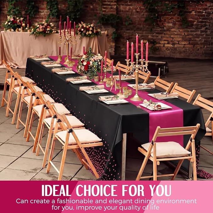 12 Pack Black and Hot Pink Disposable Plastic Tablecloths and Satin Table - Image 7