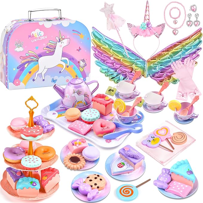 Tea Party Set for Little Girls, Unicorn Wings & Headband, Carrying Case by WelcometoAojieni