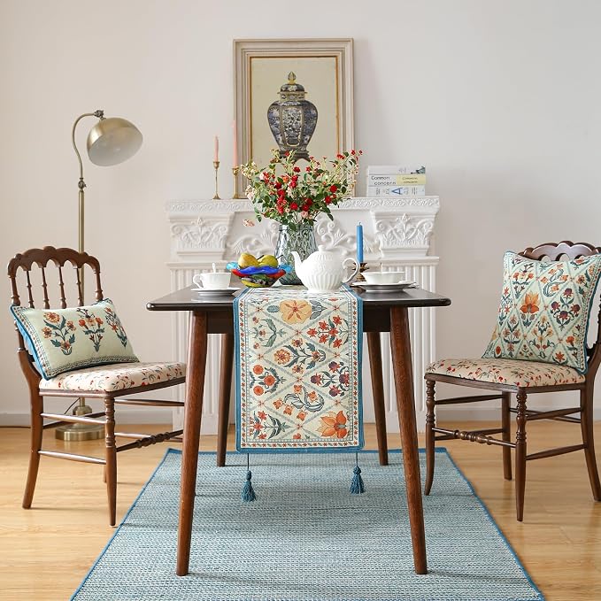 Designer French Linen Table Runner, Colorful Floral Pattern, Dining Table - Image 3