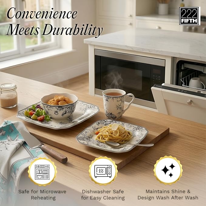 222 Fifth Adelaide Grey 16-Piece Floral Porcelain Dinnerware Set | Microwave - Image 4