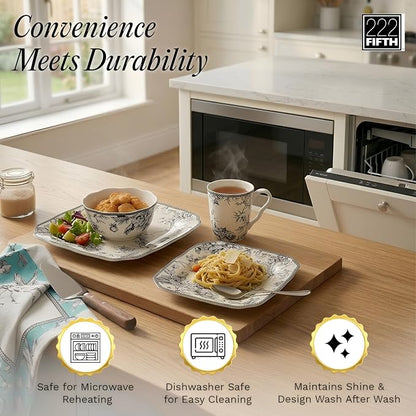 222 Fifth Adelaide Grey 16-Piece Floral Porcelain Dinnerware Set | Microwave - Image 4