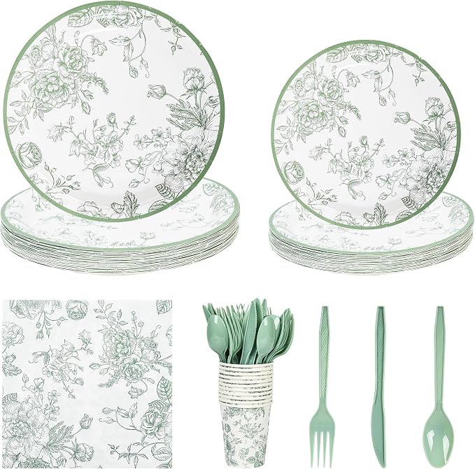175Pcs Sage Green Floral Paper Plates and Napkins 25 Guests Green Toile - Image 11