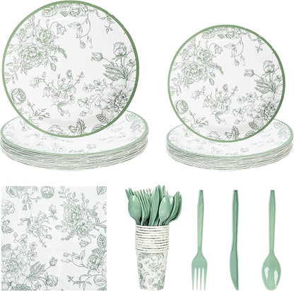 175Pcs Sage Green Floral Paper Plates and Napkins 25 Guests Green Toile - Image 11