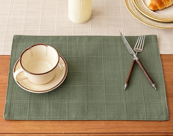 Linen Checked Placemats Set of 4, Sage Green Place Mats 12x18 Inch | Raised by Aoztio