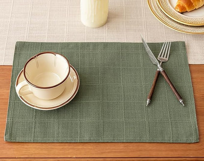 Linen Checked Placemats Set of 6, Sage Green Place Mats 12x18 Inch | Raised by Aoztio