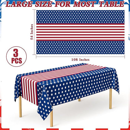QZYL 3 Pack 4th of July Tablecloths, 54" x 108" Patriotic Plastic Tablecloth, Rectangle Fourth of July Table Cloth Red White Blue Tablecover, Patriotic Party Supplies Independence Day Decorations