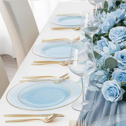 R-kay 100 Pack Blue Plastic Plates - 6 Inch Hammered With Gold Rim, Sturdy, Durable And Extra Heavy duty Blue Dessert Plates Disposable - Ideal For Appetizer And And For Desserts.