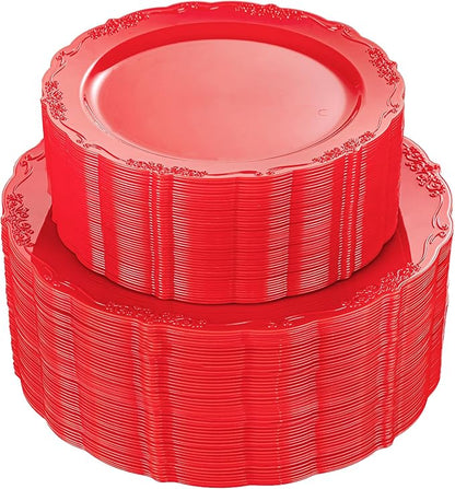U-QE 100PCS Red Plastic Plates - Heavy Duty Valentines Plates Disposable, Red Plates Disposable Include 50PCS 10.25" Dinner Plates and 50PCS 7.5" Dessert/Salad Plates for Valentine's Day, Party