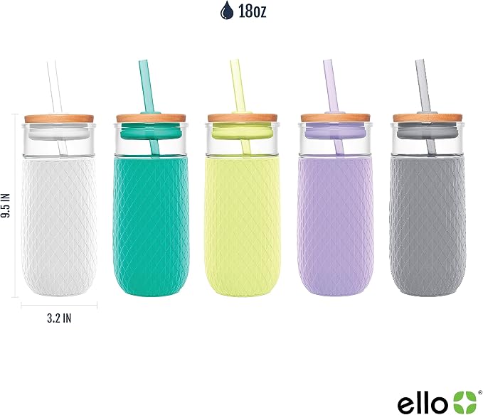 Ello Devon Glass Tumbler with Splash Proof Wooden Lid and Straw, Protective No - Image 3