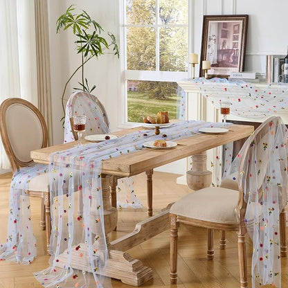BINBE 1pcs Daisy Spring Table Runner Embroidery Gauze 10FT Florals Seasonal - Image 6