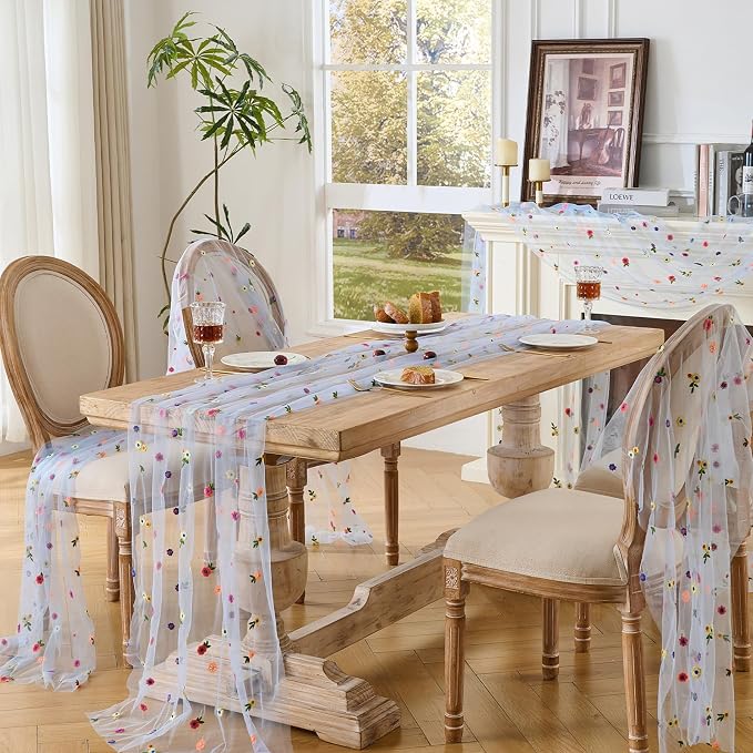 BINBE 3pcs Daisy Spring Table Runner Embroidery Gauze 10FT Florals Seasonal - Image 6