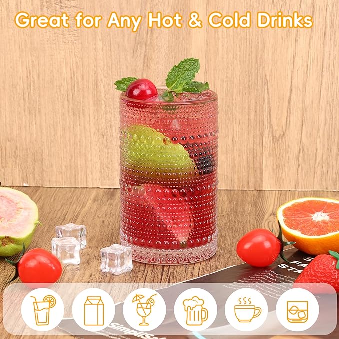 Moretoes 2pcs Hobnail Drinking Glasses, Vintage Glass Cups Set | 12 Oz Highball - Image 4